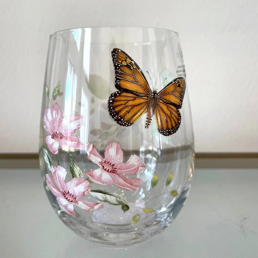 Lenox Butterfly Meadow Stemless Wine Glass Set of 2 Spring Floral Barware NEW